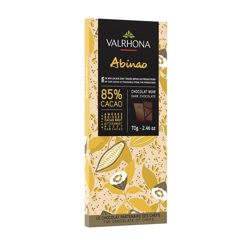 Chokladshopen Valrhona Abinao 85% mörk chokladkaka med elegant och koncentrerad smakprofil i 70g förpackning.