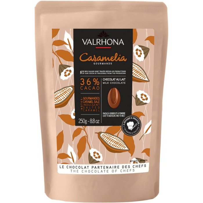 Chokladshopen Valrhona Caramelia 35% mjölkchoklad med kolasmak i 250g påse med kakaomotiv