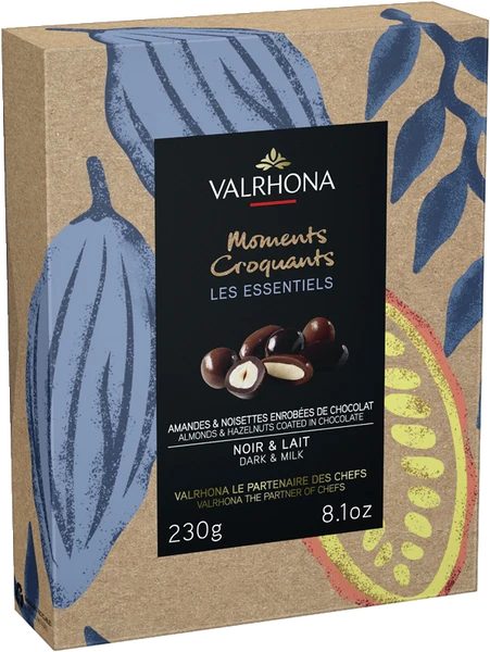 Chokladshopen Valrhona presentask med chokladdragerade mandlar och hasselnötter i mörk och ljus choklad