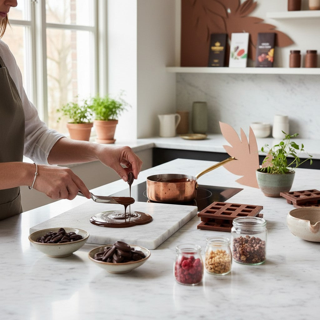 Chokladshopen Valrhona Guanaja 70% mörk choklad som smälts på en marmorskiva för bakning i ett ljust kök.