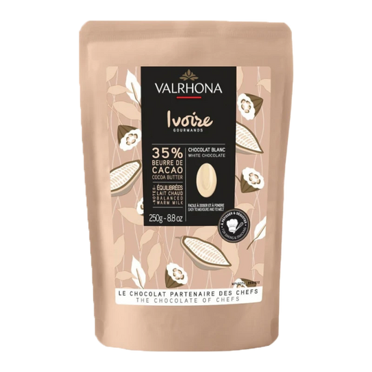 Chokladshopen Valrhona Ivoire 35% vit choklad i 250g påse med smak av vanilj och mjölk för bakning