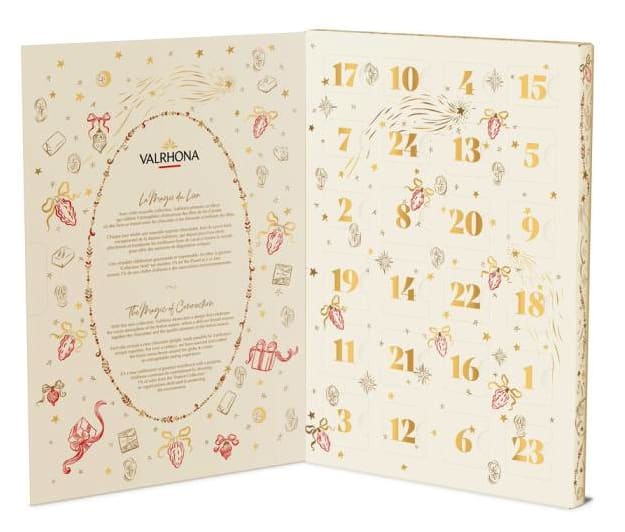 Chokladshopen Valrhona julkalender med elegant guldfärgad design och 24 luckor fyllda med lyxig choklad.