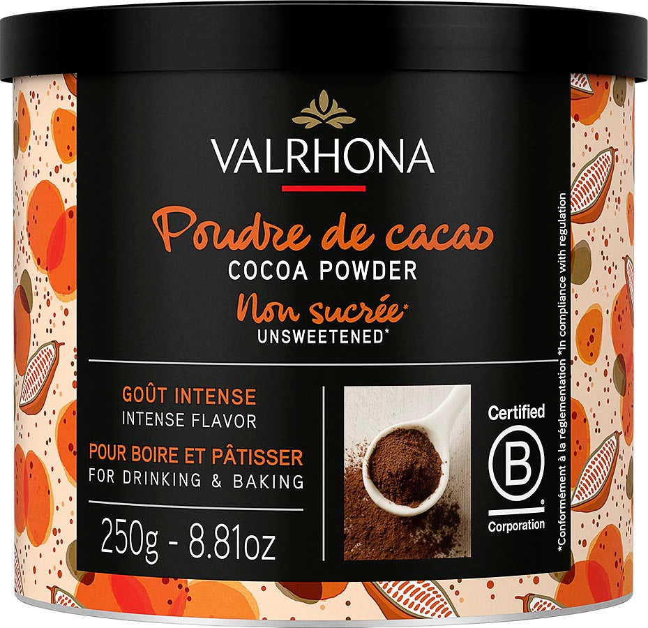 Chokladshopen Valrhona kakaopulver 250g i svart burk med mönster av kakaofrukter för bakning och dryck