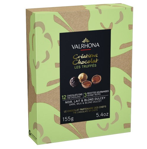 Chokladshopen Valrhona tryffelask med 12 lyxiga chokladtryfflar i smakerna Guanaja, Tanariva caramel och Dulcey praline.