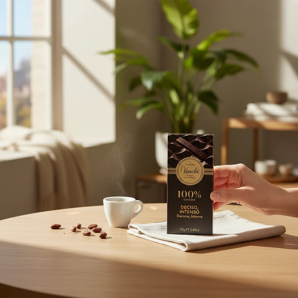 Chokladshopen Venchi 100% mörk chokladkaka i elegant förpackning bredvid en kopp espresso och kakaobönor på ett bord.
