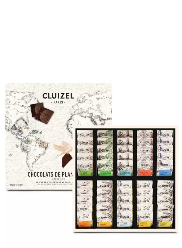 Cluizel Prøvesæk Plantagechokolade 250g med verdenskort og 50 smagsprøver fra forskellige plantager