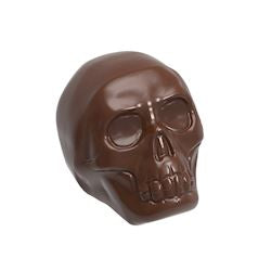 Skinnende chokoladepraline i kranieform med detaljerede ansigtstræk
