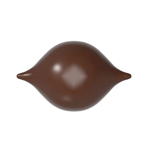 Skinnende mørkebrun chokoladepraline i elegant kurve med spidse ender