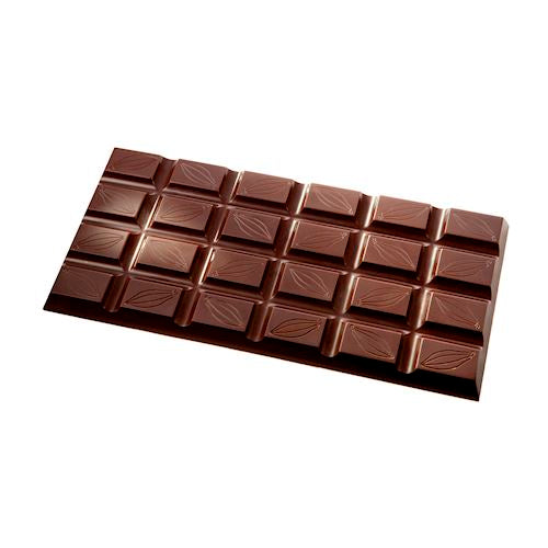 Mørk chokoladeplade med kakao bønne motiv i tre sektioner