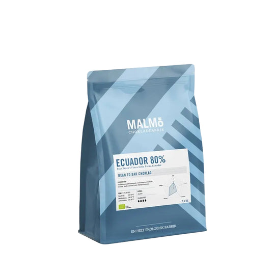 Malmö Chokladfabrik Ecuador 80% bean-to-bar chokolade i blå emballage, økologisk og vegansk