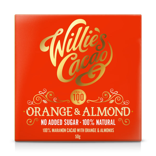 Willie's Cacao sukkerfri chokolade med appelsin og mandel, 50g