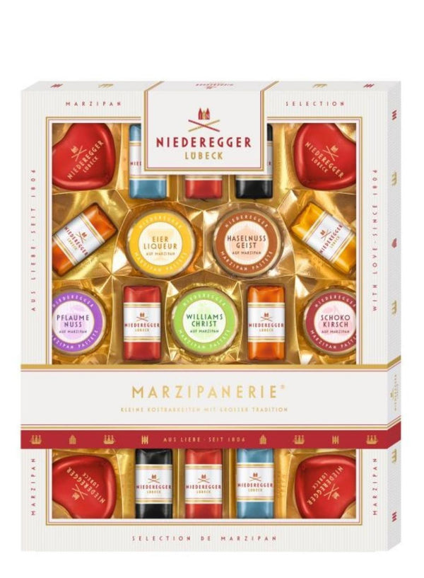 Niederegger Marzipanerie chokoladepraliner i dekorativ skål med gennemsigtigt vindue