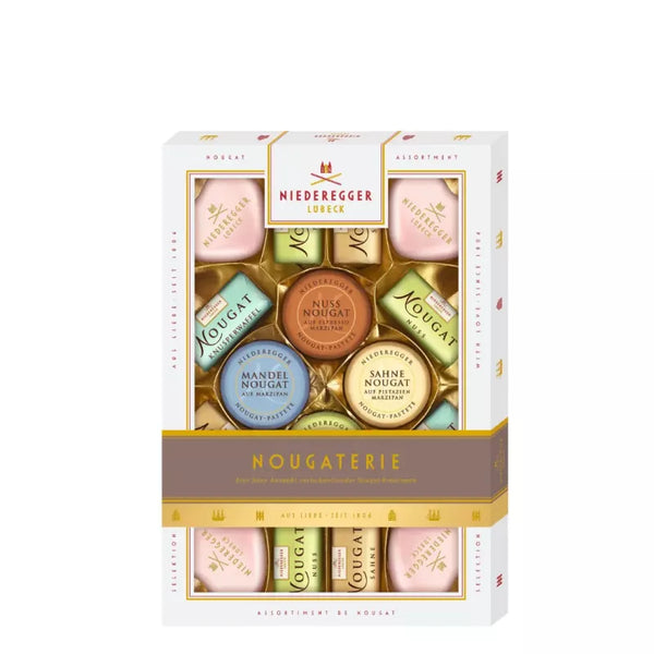 Niederegger Nougat ask 206g med farverige nougatstykker i hvid gaveæske