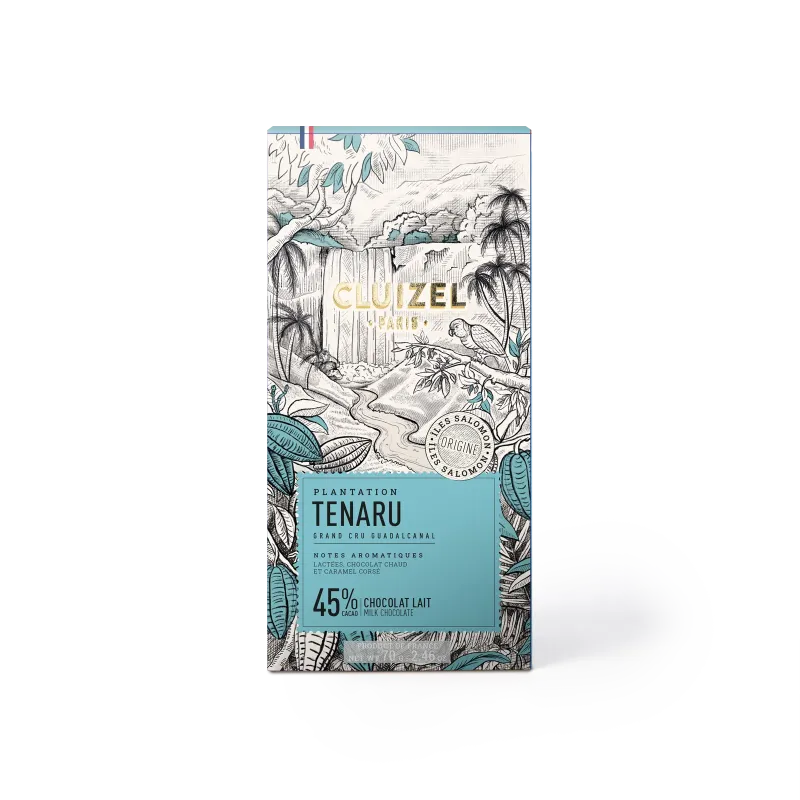 Cluizel Tenaru chokolade med tropisk illustration og etiket