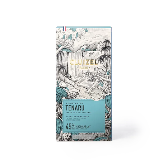 Cluizel Tenaru chokolade med tropisk illustration og etiket