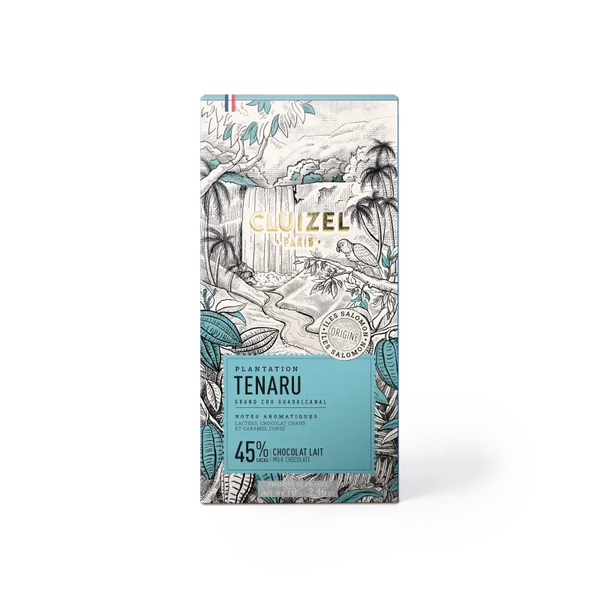 Cluizel Tenaru chokolade med tropisk illustration og etiket
