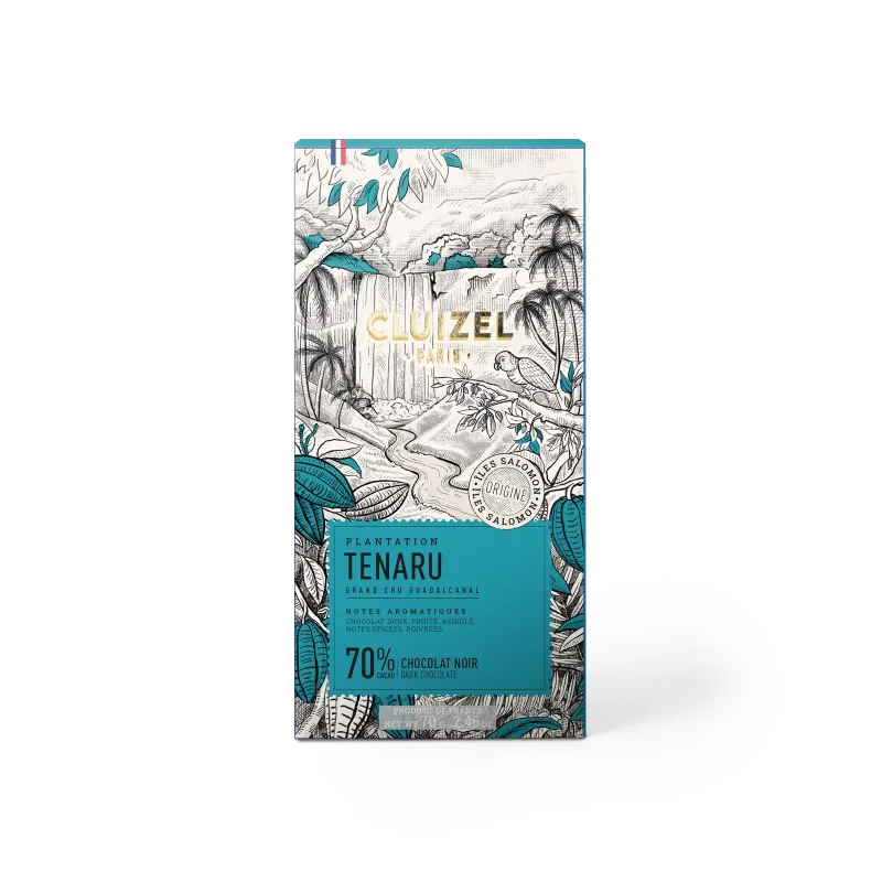 Forside af Cluizel Tenaru 70% chokolade med regnskogsillustration