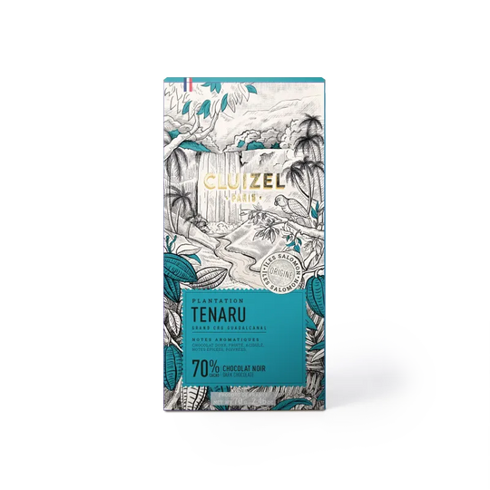 Forside af Cluizel Tenaru 70% chokolade med regnskogsillustration
