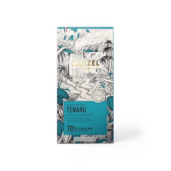 Forside af Cluizel Tenaru 70% chokolade med regnskogsillustration