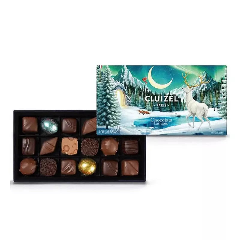 Cluizel Pralinask N°18 med 18 chokoladepraliner i vintermotiv