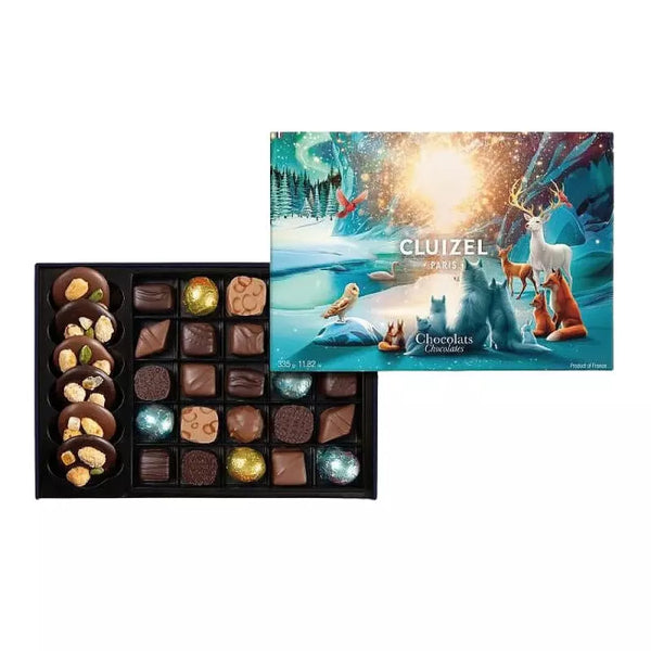 Cluizel mørk chokolade med håndlavet praline, vintermotiv og nødder, 335g