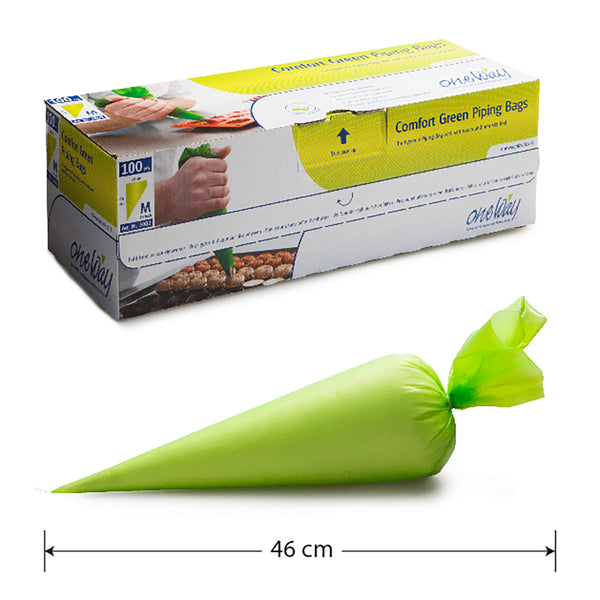 Grønne engangs-sprøjtepung Medium 46 cm med knude-top, pakket i boks mærket OneWay