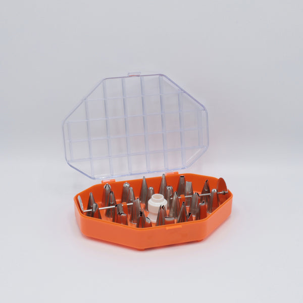 29-delt sæt nikkelplaterede sprøjtemundstykker i orange plastboks