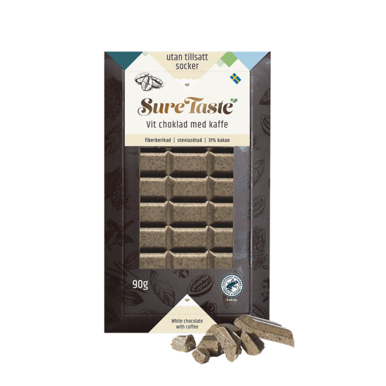 Sure Taste sukkerfri hvid chokolade med kaffe 90g, mørkebrun emballage med vindue og knuste stykker