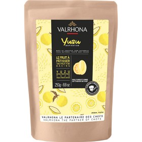 Valrhona Inspiration Yuzu chokolade 250g med gul etiket og yuzu-illustration