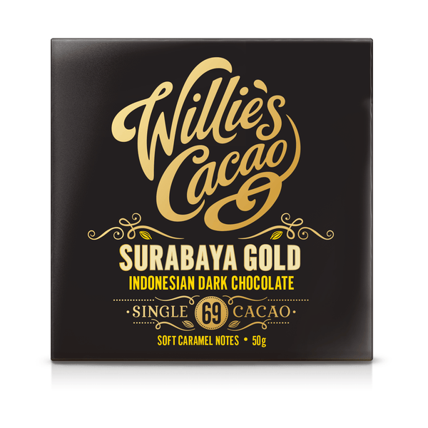Willie's Cacao Surabaya Gold 69% chokoladebar i sort emballage med gul tekst