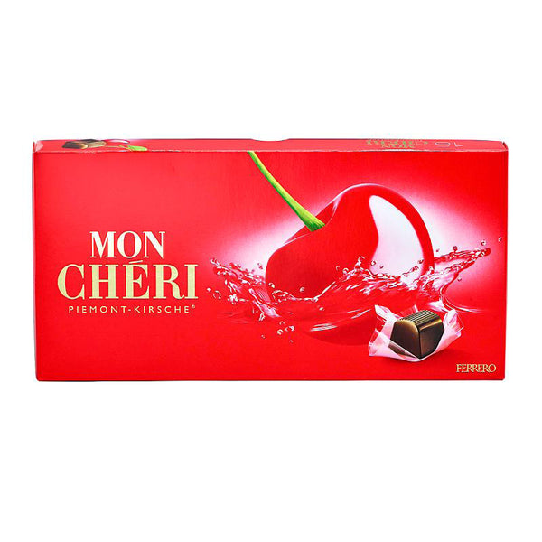 Rød Mon Chéri Piemonte-kirsebærchokolade med Ferrero-logo