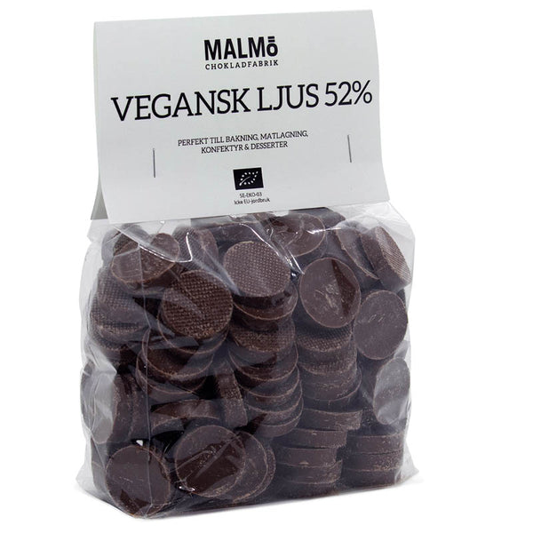 Emballage med vegansk lys chokoladebiter 52% øko til bagning