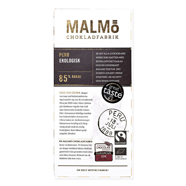 Malmö Chokladfabrik Peru 85% kakao pakke med Fairtrade-mærkning