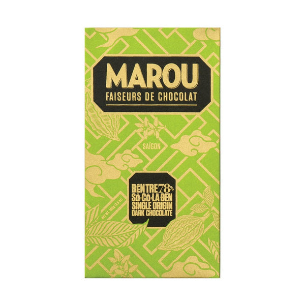 Marou Ben Tre 78% mørk chokolade i limegrøn emballage med guldtryk