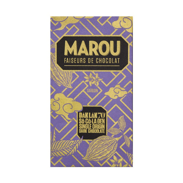 Marou Dak Lak 70% mørk chokolade i lilla emballage med gyldent mønster