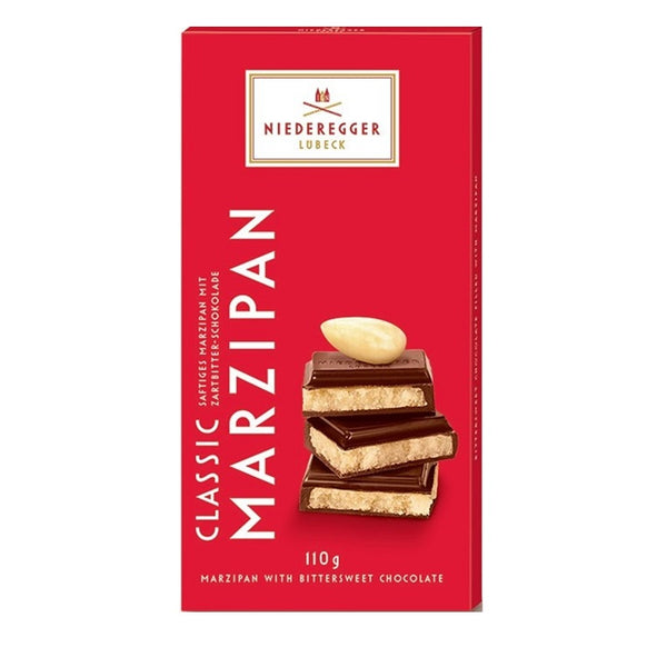 Niederegger Marsipankaka Klassisk 110g i rød emballage med mørk chokolade og mandel