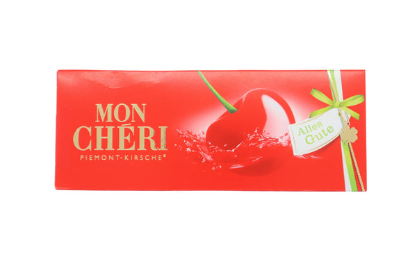 Mon Chéri Piemonte-kirsebær, chokolade med rød og guldfarvet tekst samt kirsebærimpræg
