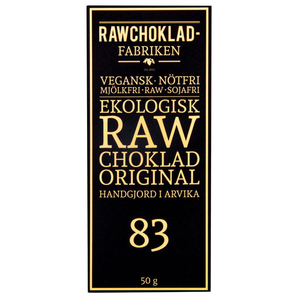 Rawchoklad Original 83% pakke, vegansk og nødfri chokoladekage