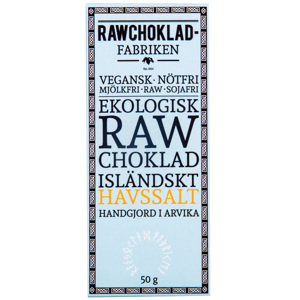 Emballage til økologisk raw chokolade med islandsk havsalt fra Rawchokladfabriken