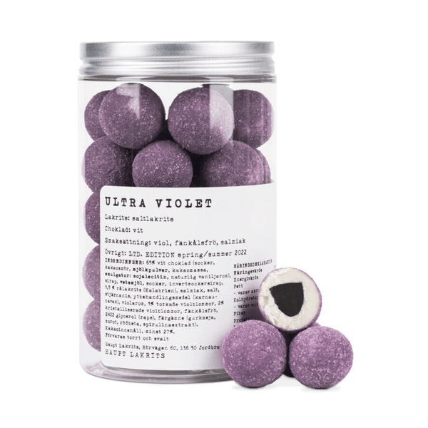 Haupt Lakrits Ultra Violet saltlakrids med hvid chokolade og viol i plastdåse