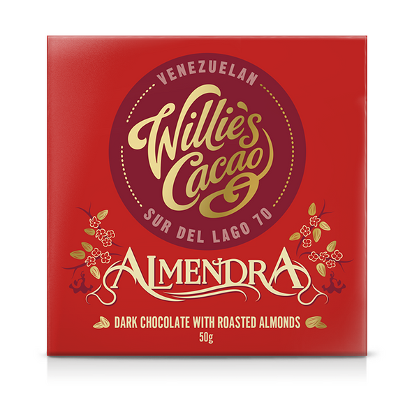 Willie's Cacao Sur del Lago 70% mørk chokolade med ristede mandler, 50g pakke