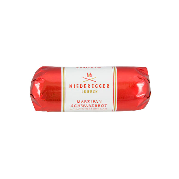 Niederegger Marzipan Schwarzbrot i skinnende rød emballage med etiket