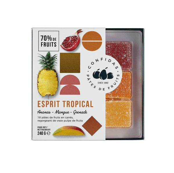 Vegansk frugtslik fra Cónfidas med 70% ægte frugt i rødt, orange og gult